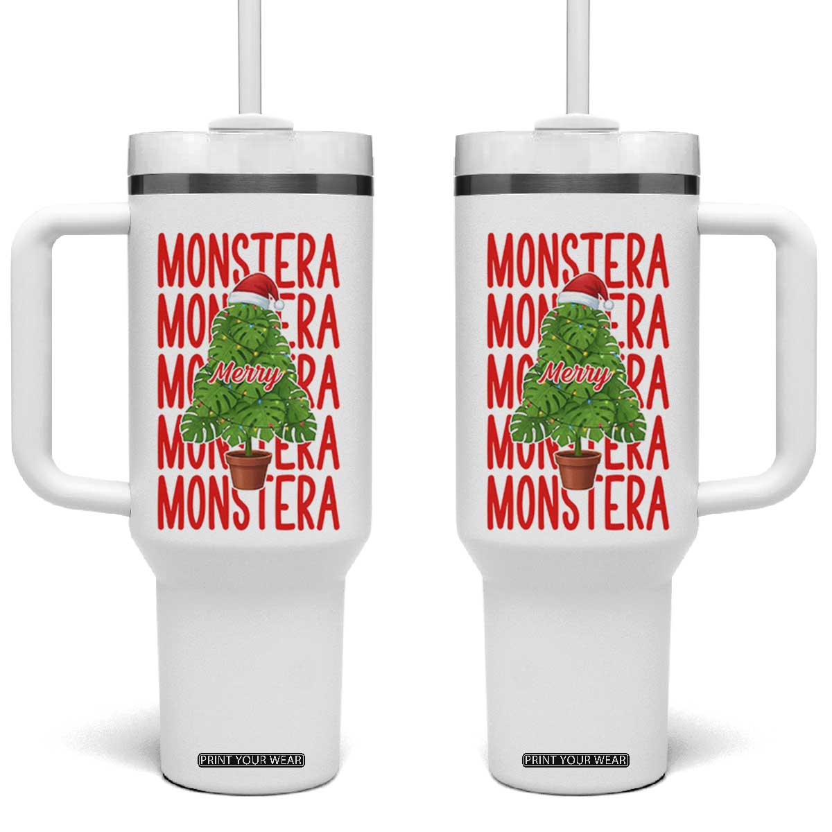 Merry Monstera Tumbler With Handle Plant Lover Christmas Gift TS12 One Size: 40 oz White Print Your Wear