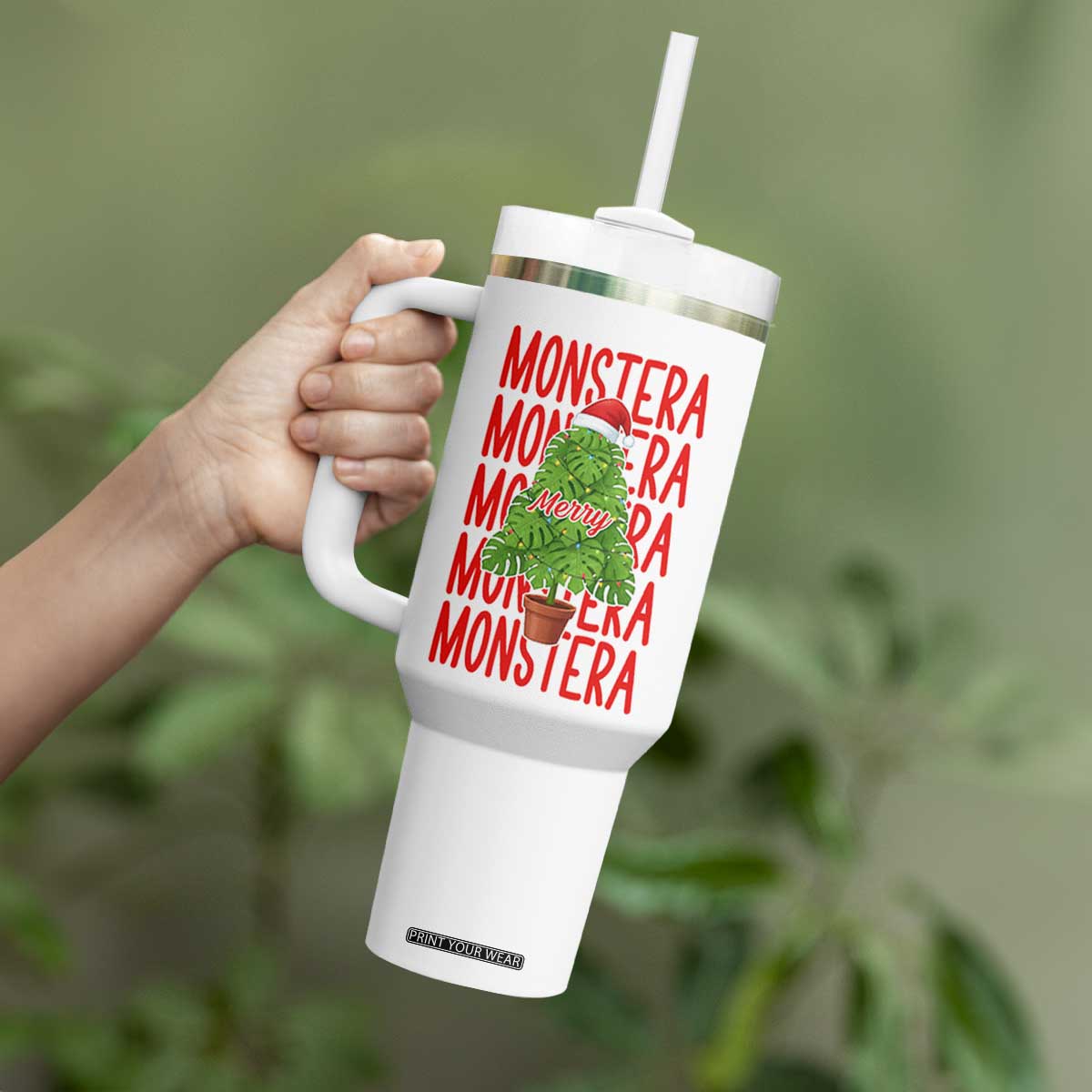 Merry Monstera Tumbler With Handle Plant Lover Christmas Gift TS12 Print Your Wear