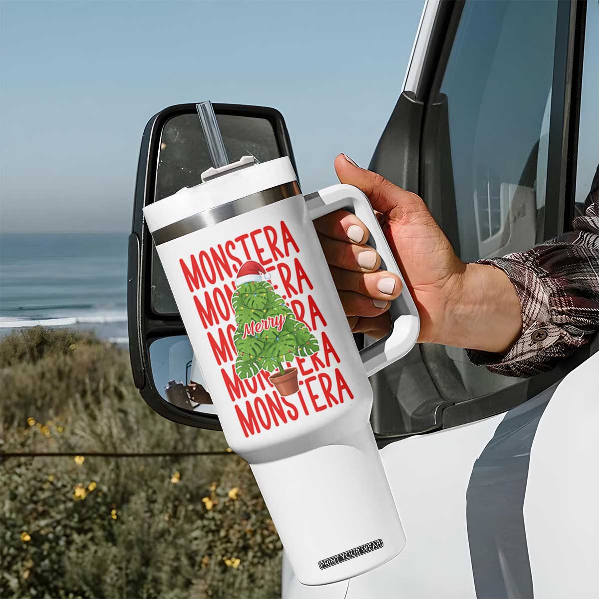Merry Monstera Tumbler With Handle Plant Lover Christmas Gift TS12 Print Your Wear