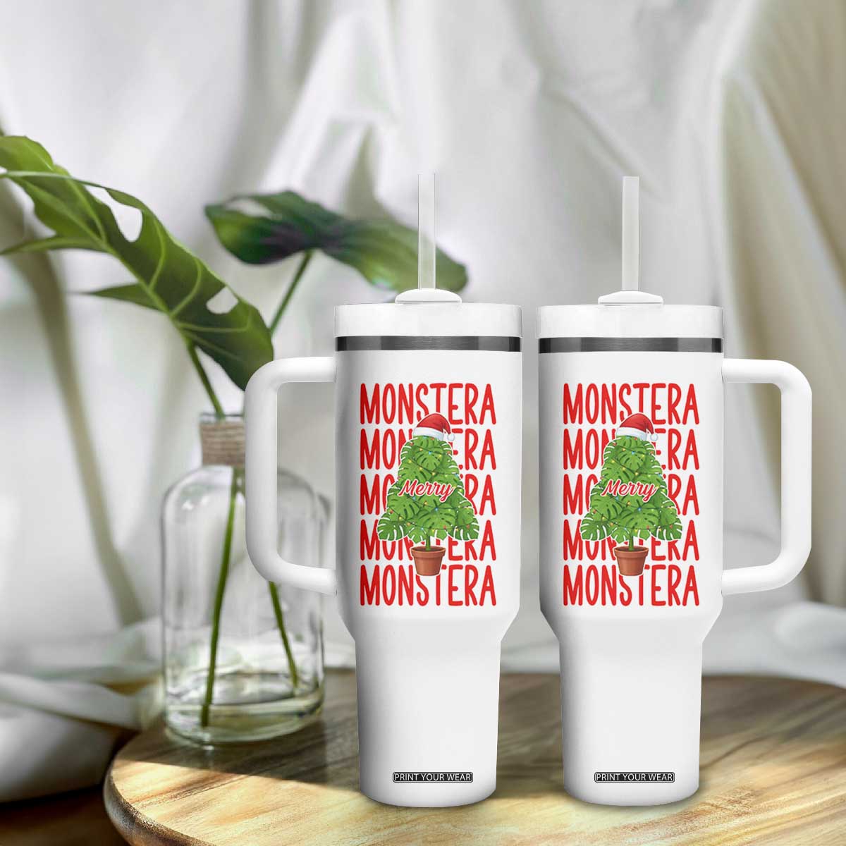 Merry Monstera Tumbler With Handle Plant Lover Christmas Gift TS12 Print Your Wear