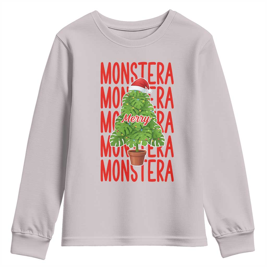 Merry Monstera Youth Sweatshirt Plant Lover Christmas Gift TS12 Ice Gray Print Your Wear