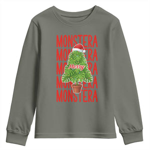 Merry Monstera Youth Sweatshirt Plant Lover Christmas Gift TS12 Military Green Print Your Wear