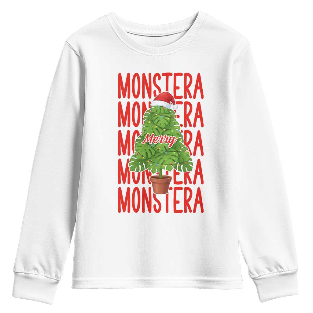 Merry Monstera Youth Sweatshirt Plant Lover Christmas Gift TS12 White Print Your Wear