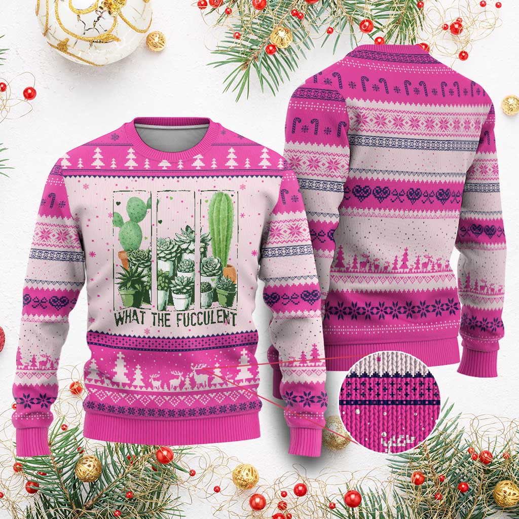 Funny Cactus Plant Lover Ugly Christmas Sweater What The Fucculent TS12 Hot Pink Print Your Wear