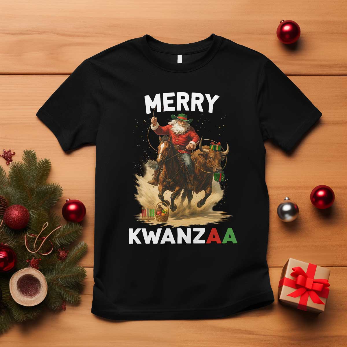 Funny Black Santa Cowboy T Shirt Merry Kwanzaa Cultural Pride Gift TS12 Black Print Your Wear