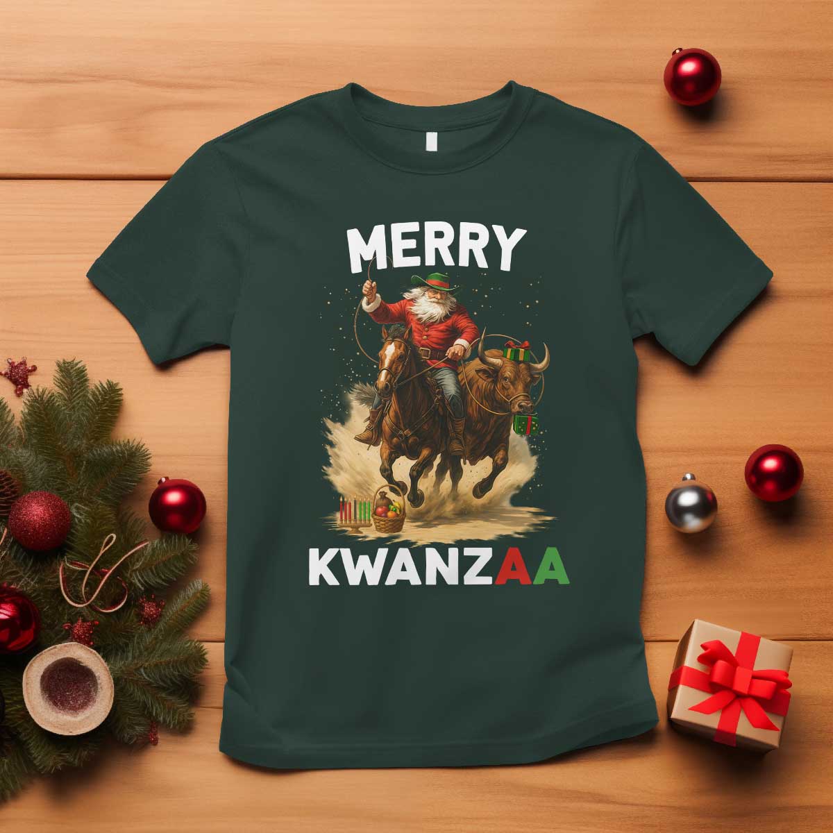 Funny Black Santa Cowboy T Shirt Merry Kwanzaa Cultural Pride Gift TS12 Dark Forest Green Print Your Wear