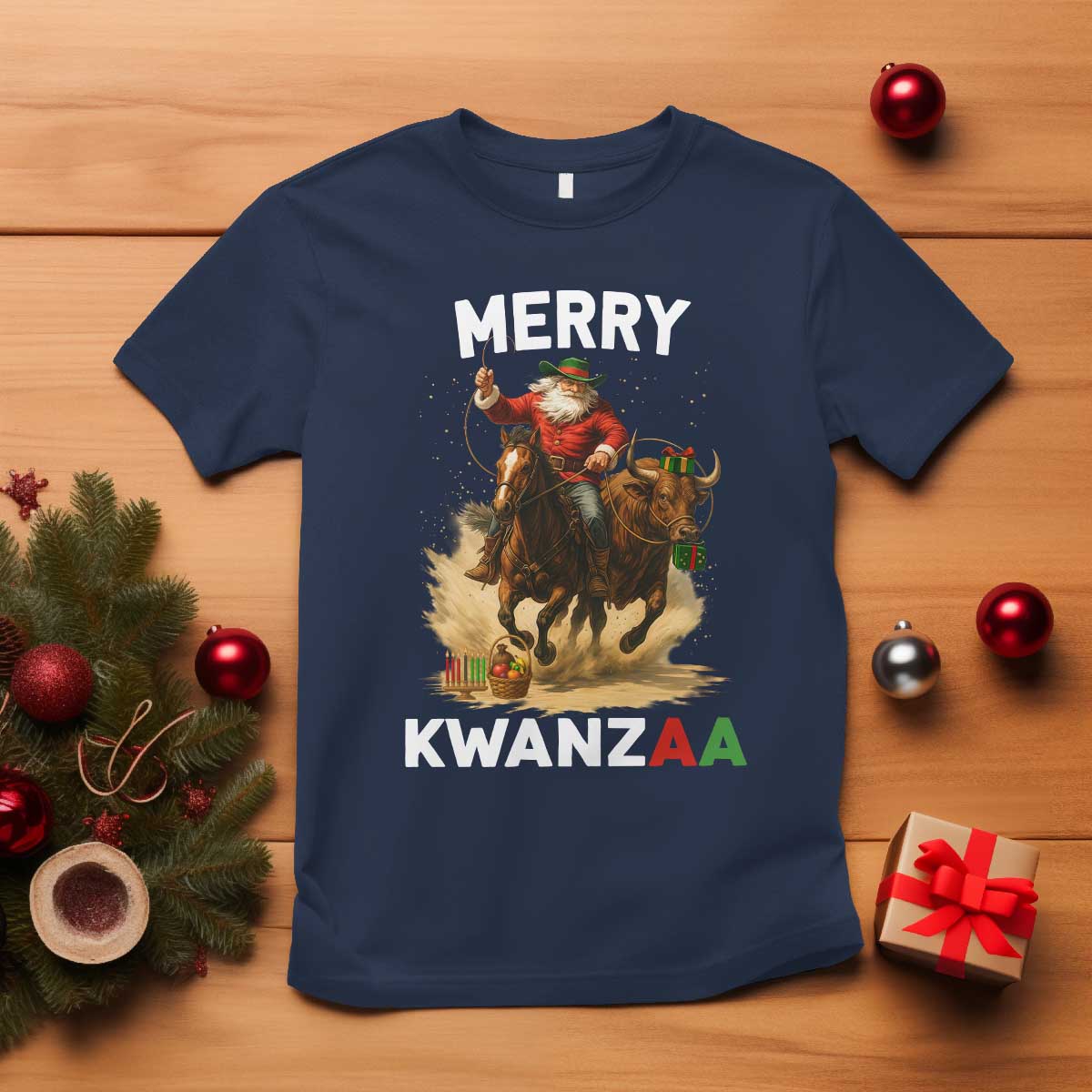 Funny Black Santa Cowboy T Shirt Merry Kwanzaa Cultural Pride Gift TS12 Navy Print Your Wear