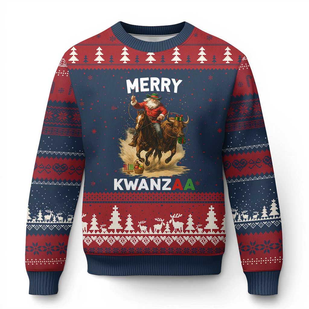 Funny Black Santa Cowboy Ugly Christmas Sweater Merry Kwanzaa Cultural Pride Gift TS12 Navy Red Print Your Wear