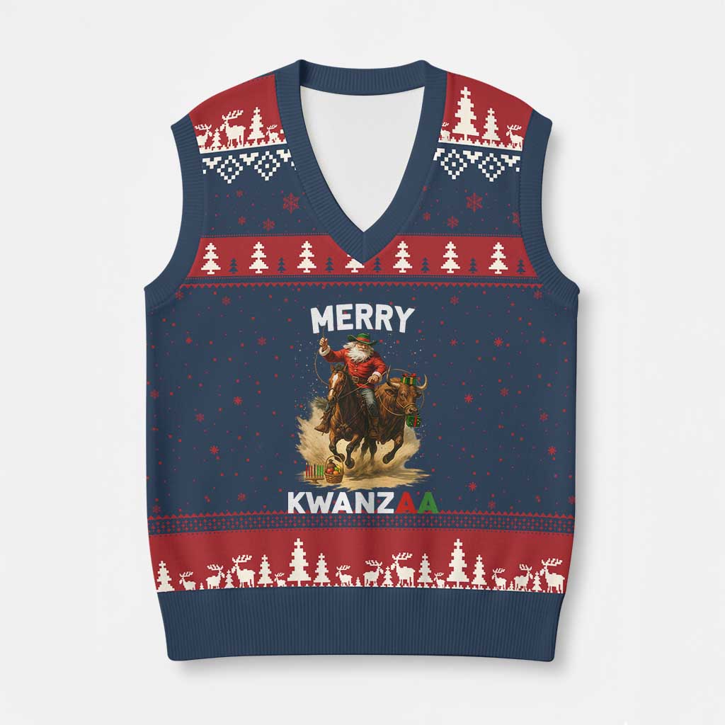 Funny Black Santa Cowboy V-Neck Knit Sweater Vest Merry Kwanzaa Cultural Pride Gift TS12 Navy Red Print Your Wear