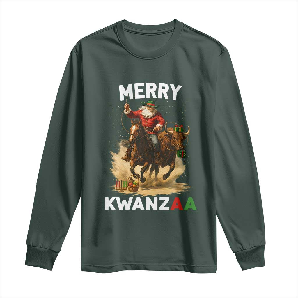 Funny Black Santa Cowboy Long Sleeve Shirt Merry Kwanzaa Cultural Pride Gift TS12 Dark Forest Green Print Your Wear