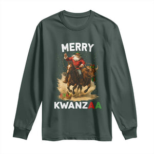 Funny Black Santa Cowboy Long Sleeve Shirt Merry Kwanzaa Cultural Pride Gift TS12 Dark Forest Green Print Your Wear