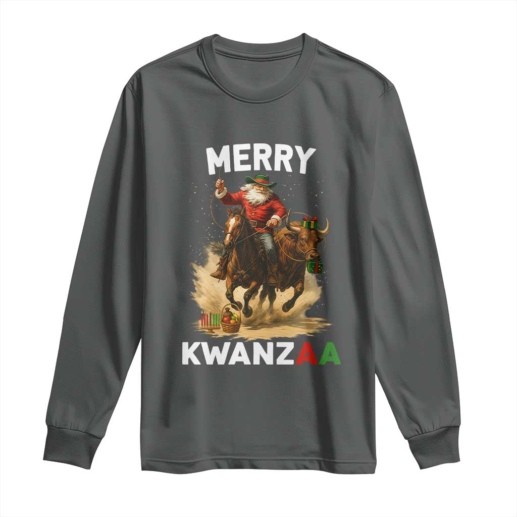 Funny Black Santa Cowboy Long Sleeve Shirt Merry Kwanzaa Cultural Pride Gift TS12 Dark Heather Print Your Wear