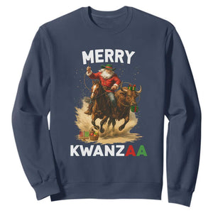 Funny Black Santa Cowboy Sweatshirt Merry Kwanzaa Cultural Pride Gift TS12 Navy Print Your Wear