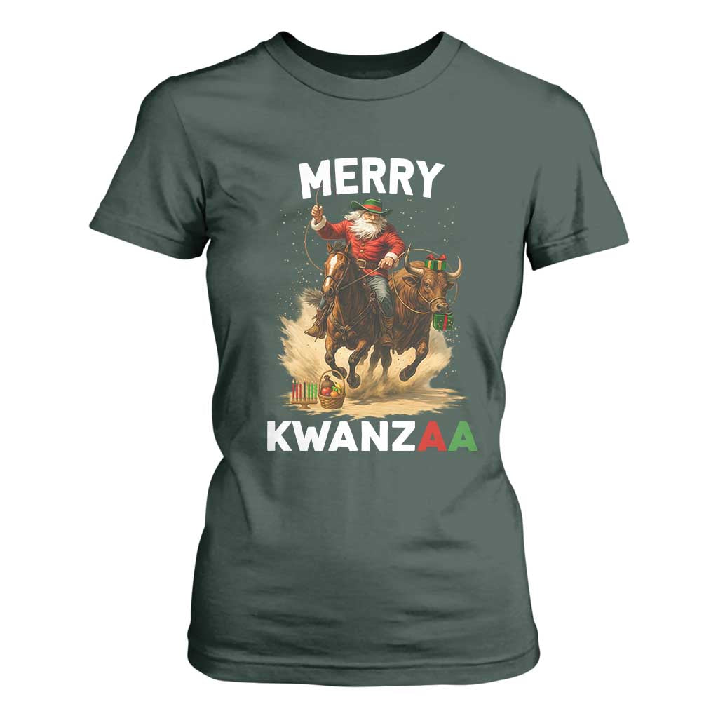 Funny Black Santa Cowboy T Shirt For Women Merry Kwanzaa Cultural Pride Gift TS12 Dark Forest Green Print Your Wear