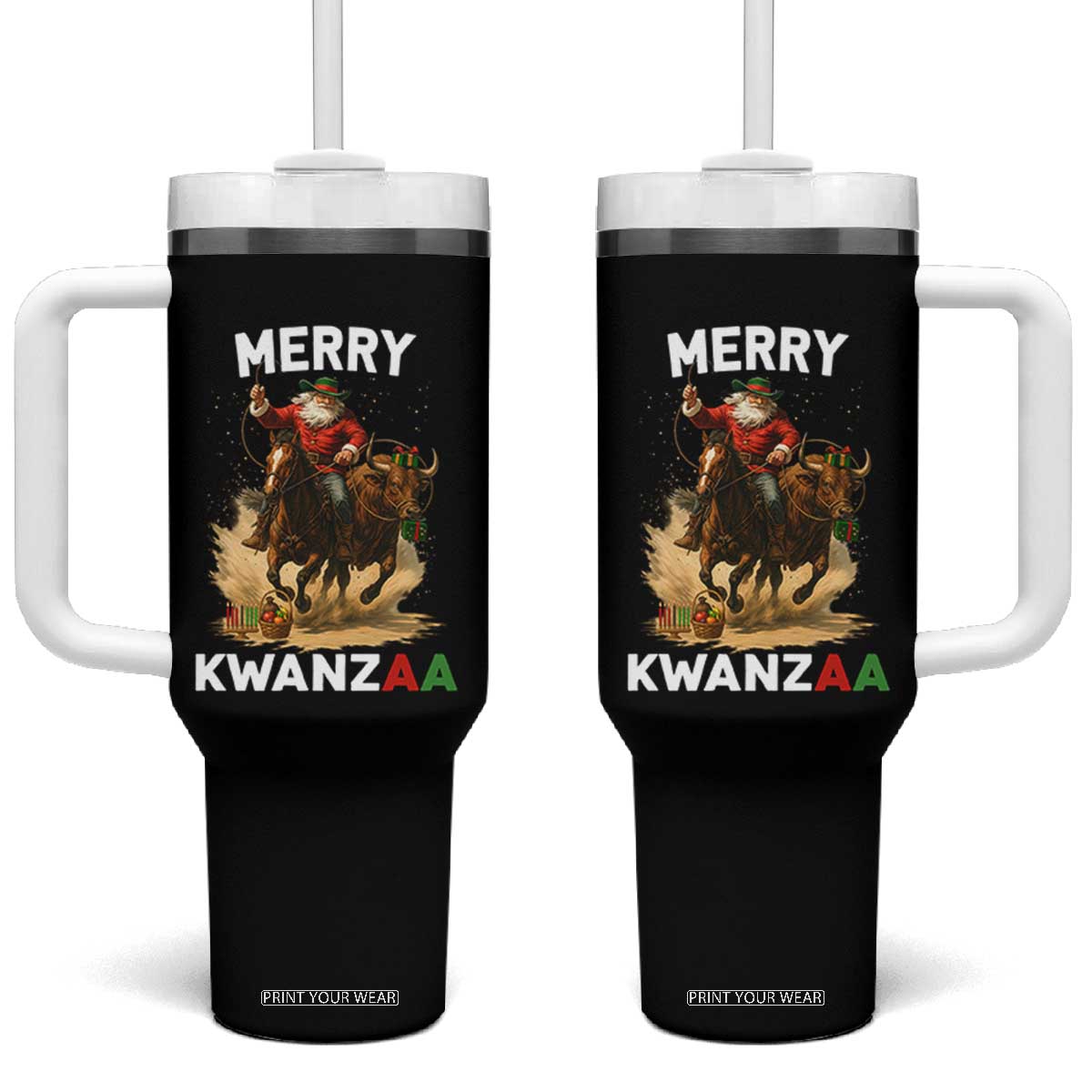 Funny Black Santa Cowboy Tumbler With Handle Merry Kwanzaa Cultural Pride Gift TS12 One Size: 40 oz Black Print Your Wear