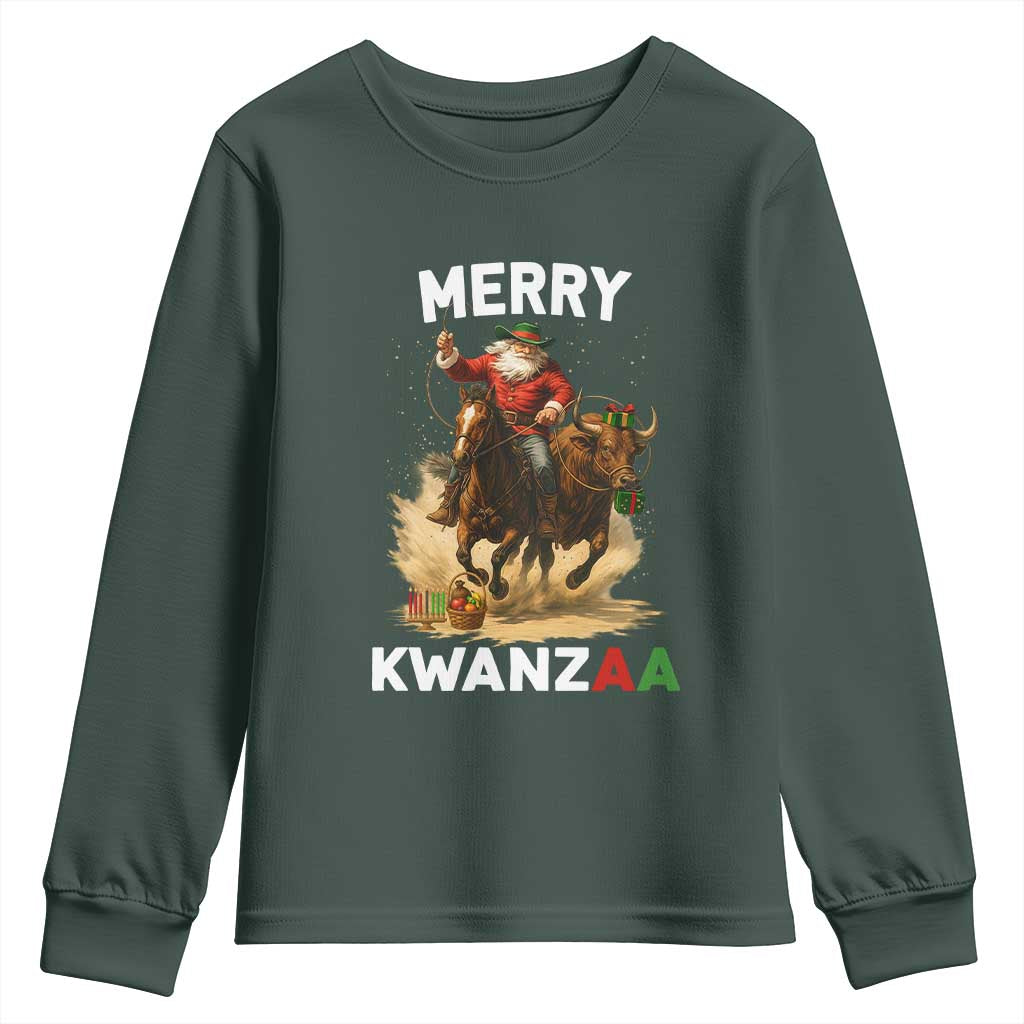 Funny Black Santa Cowboy Youth Sweatshirt Merry Kwanzaa Cultural Pride Gift TS12 Dark Forest Green Print Your Wear