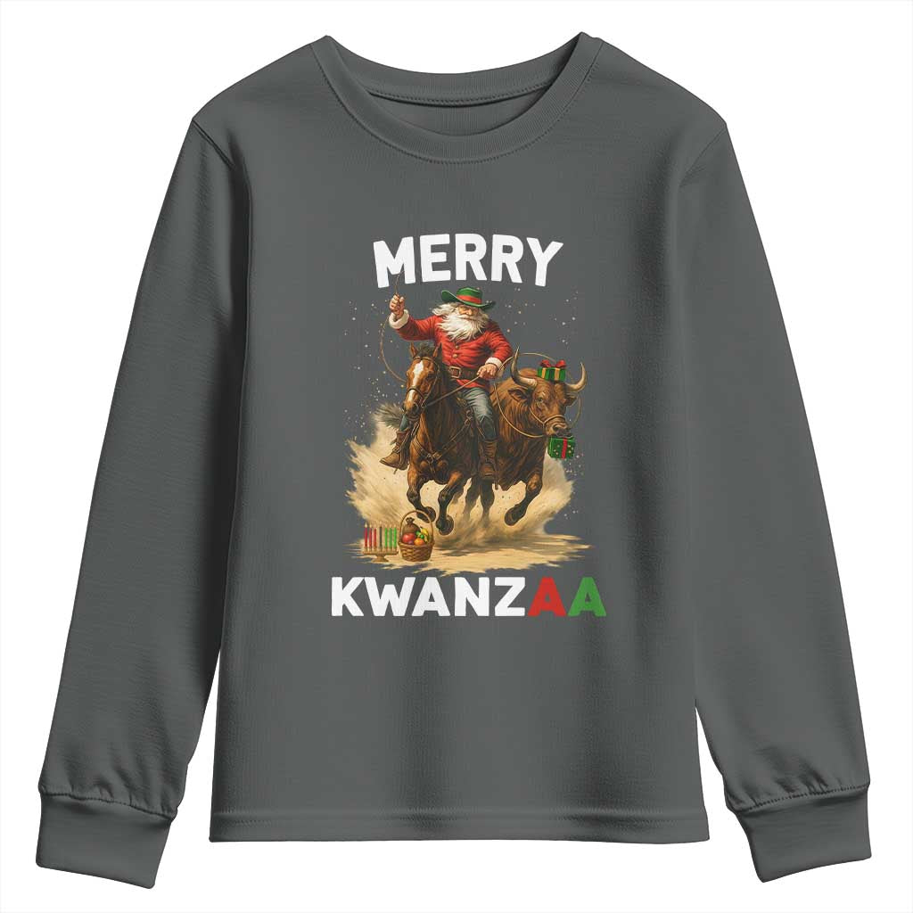 Funny Black Santa Cowboy Youth Sweatshirt Merry Kwanzaa Cultural Pride Gift TS12 Dark Heather Print Your Wear