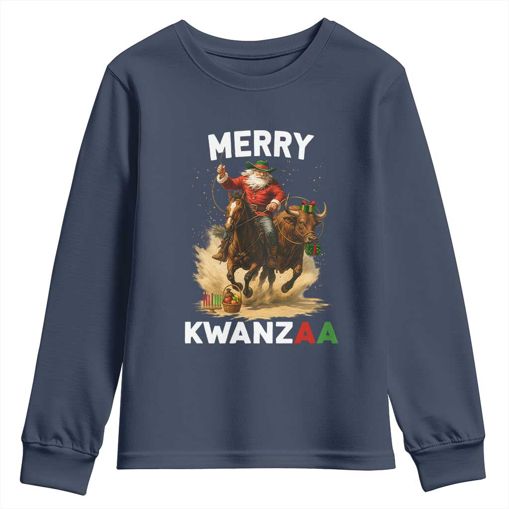 Funny Black Santa Cowboy Youth Sweatshirt Merry Kwanzaa Cultural Pride Gift TS12 Navy Print Your Wear