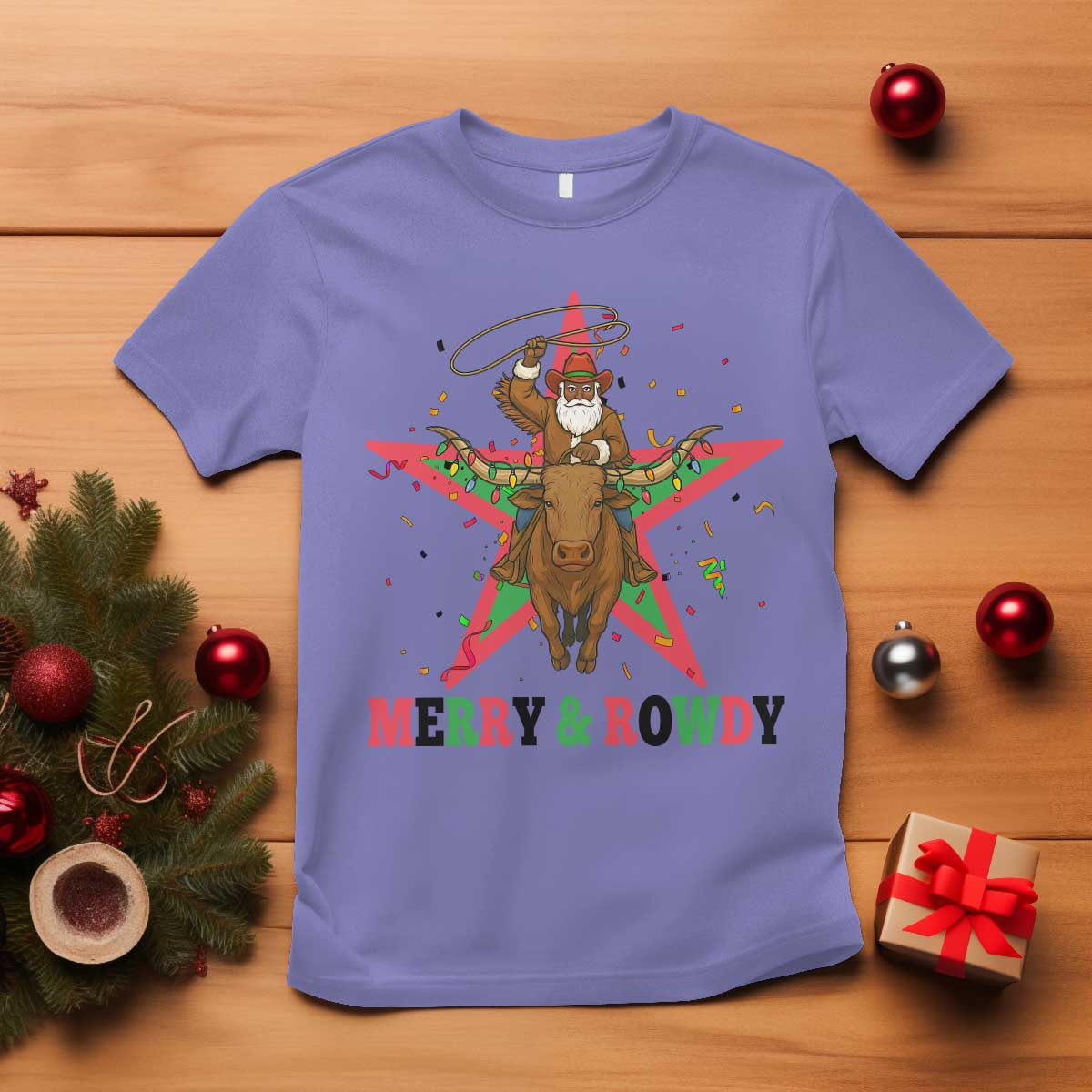 Merry And Rowdy Kwanzaa Santa Cowboy Christmas Gift T Shirt TS12 Violet Print Your Wear