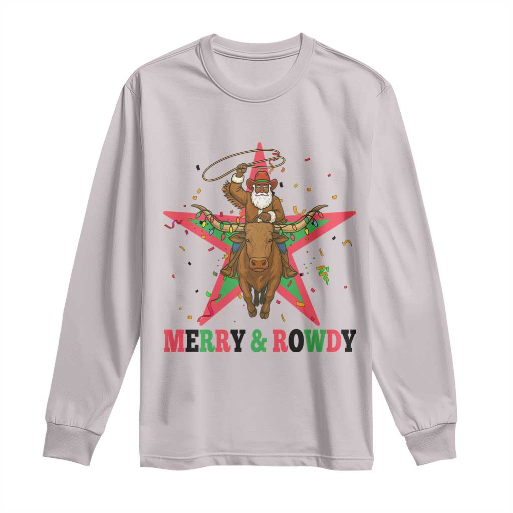 Merry And Rowdy Kwanzaa Santa Cowboy Christmas Gift Long Sleeve Shirt TS12 Ice Gray Print Your Wear