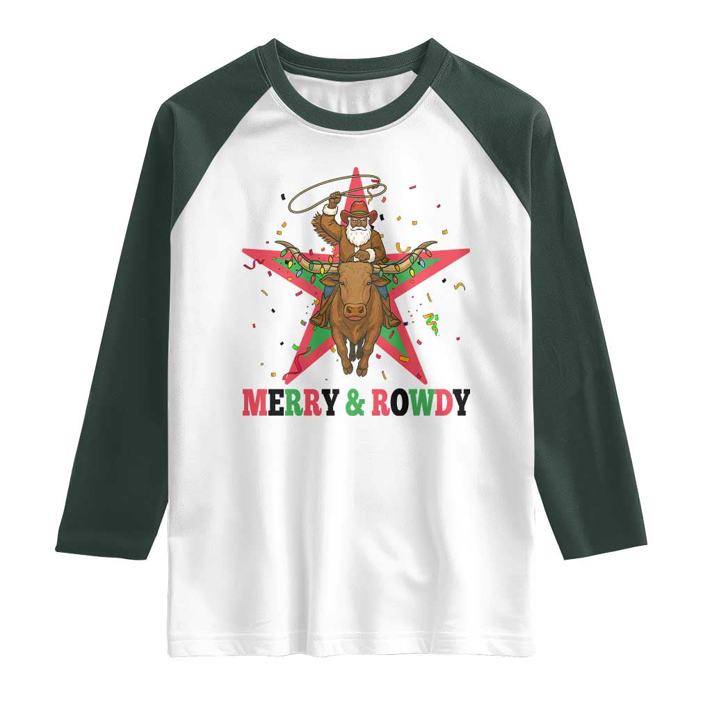 Merry And Rowdy Kwanzaa Santa Cowboy Christmas Gift Raglan Shirt TS12 White Dark Forest Green Print Your Wear