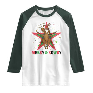 Merry And Rowdy Kwanzaa Santa Cowboy Christmas Gift Raglan Shirt TS12 White Dark Forest Green Print Your Wear