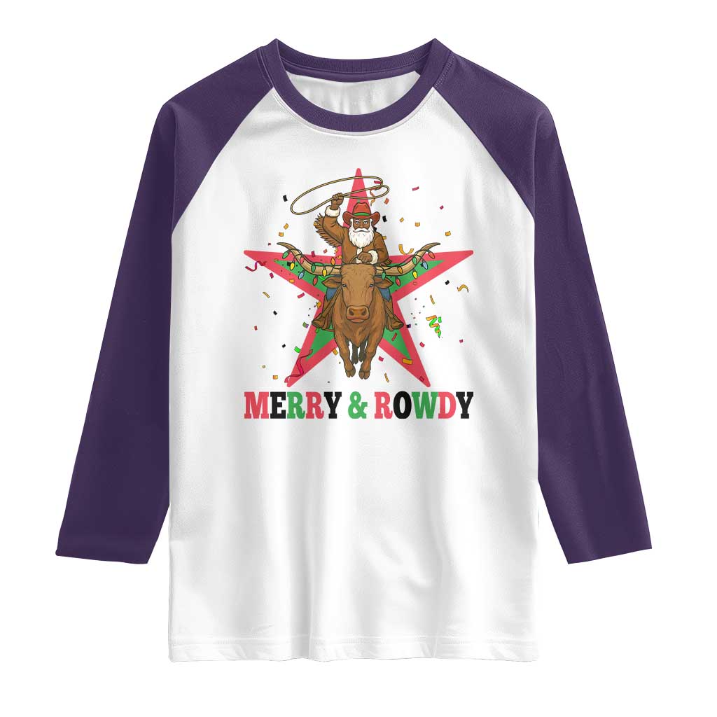 Merry And Rowdy Kwanzaa Santa Cowboy Christmas Gift Raglan Shirt TS12 White Purple Print Your Wear