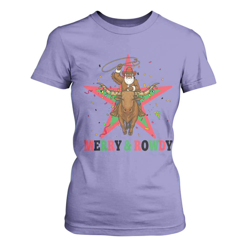 Merry And Rowdy Kwanzaa Santa Cowboy Christmas Gift T Shirt For Women TS12 Violet Print Your Wear