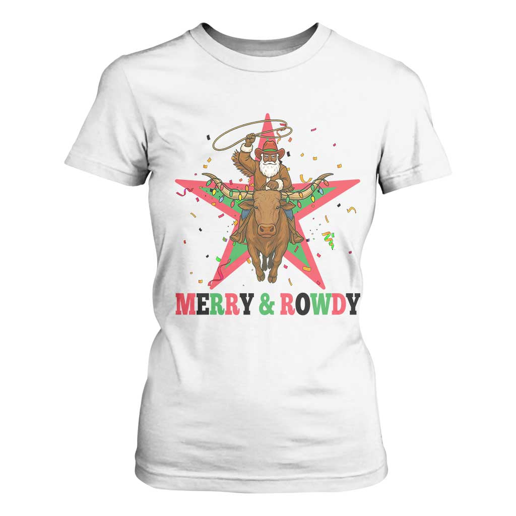 Merry And Rowdy Kwanzaa Santa Cowboy Christmas Gift T Shirt For Women TS12 White Print Your Wear