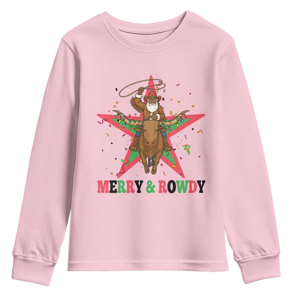 Merry And Rowdy Kwanzaa Santa Cowboy Christmas Gift Youth Sweatshirt TS12 Light Pink Print Your Wear