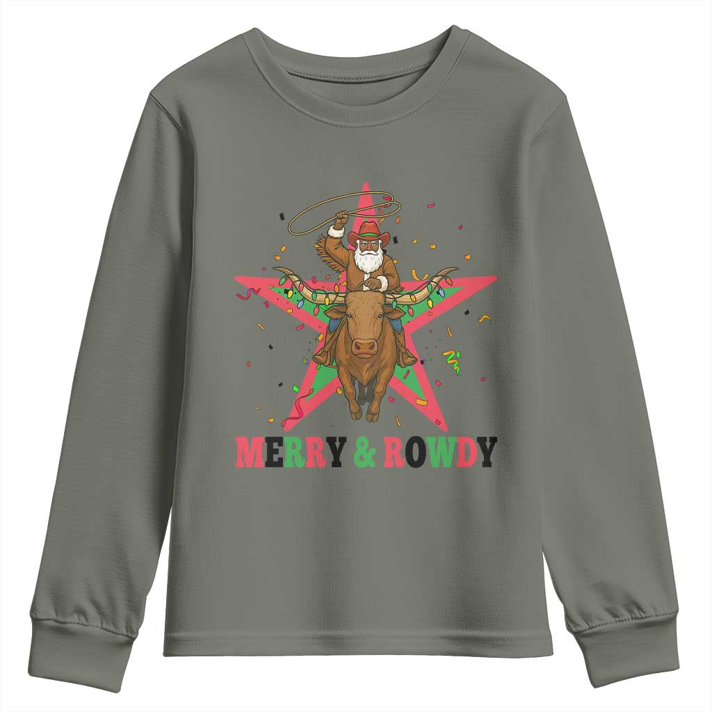 Merry And Rowdy Kwanzaa Santa Cowboy Christmas Gift Youth Sweatshirt TS12 Military Green Print Your Wear