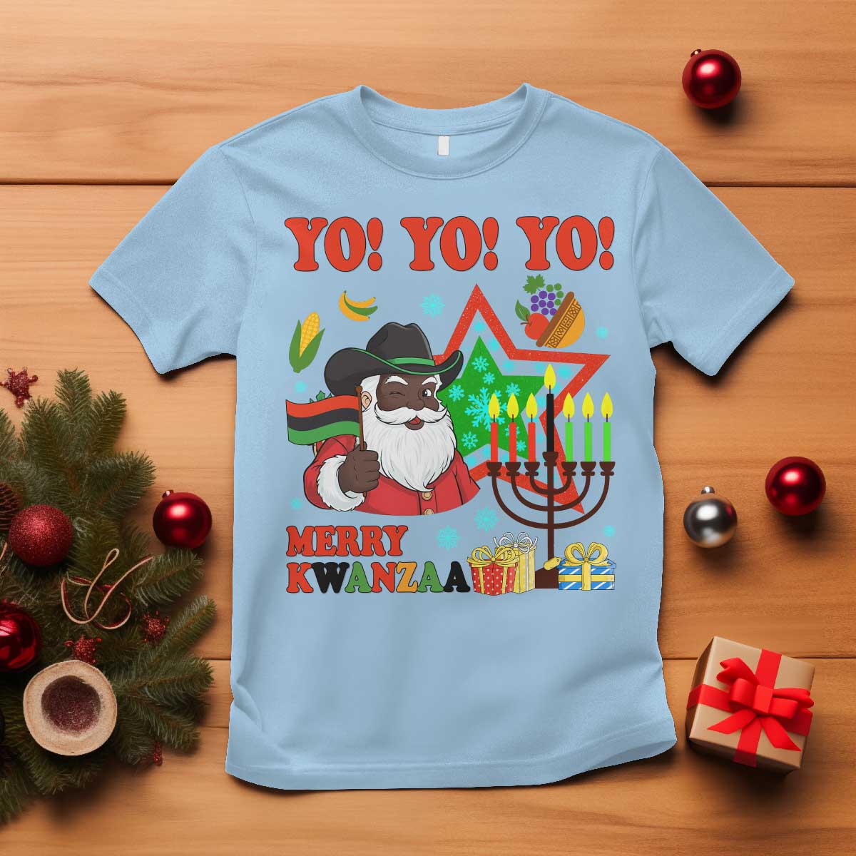 Merry Kwanzaa Black Santa Cowboy T Shirt African Heritage Celebration Gift TS12 Light Blue Print Your Wear