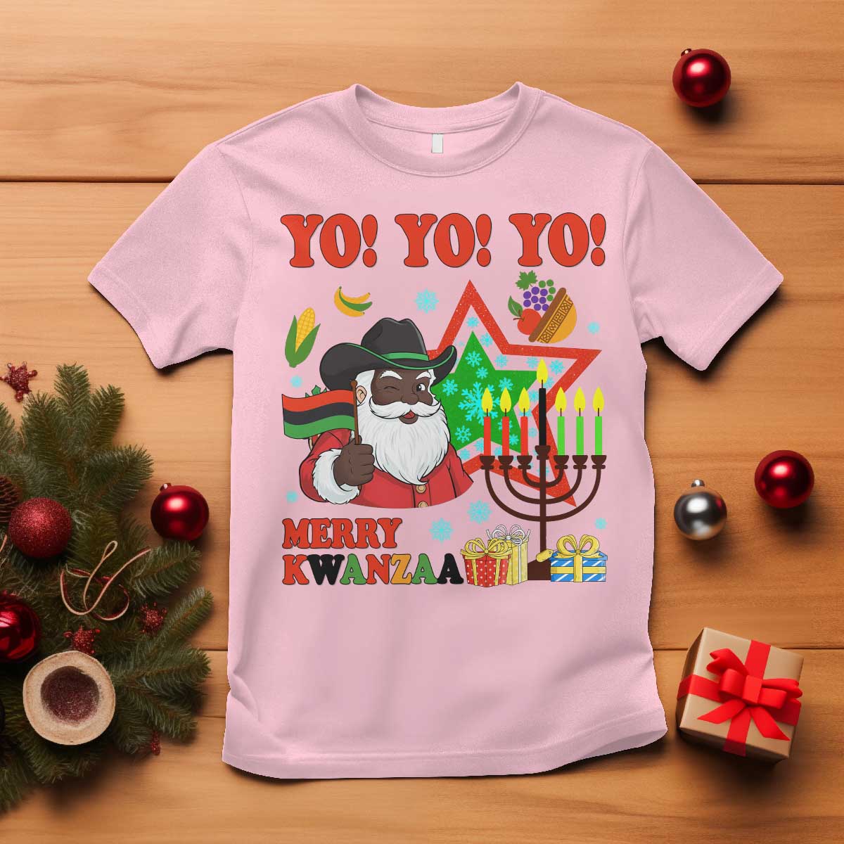 Merry Kwanzaa Black Santa Cowboy T Shirt African Heritage Celebration Gift TS12 Light Pink Print Your Wear