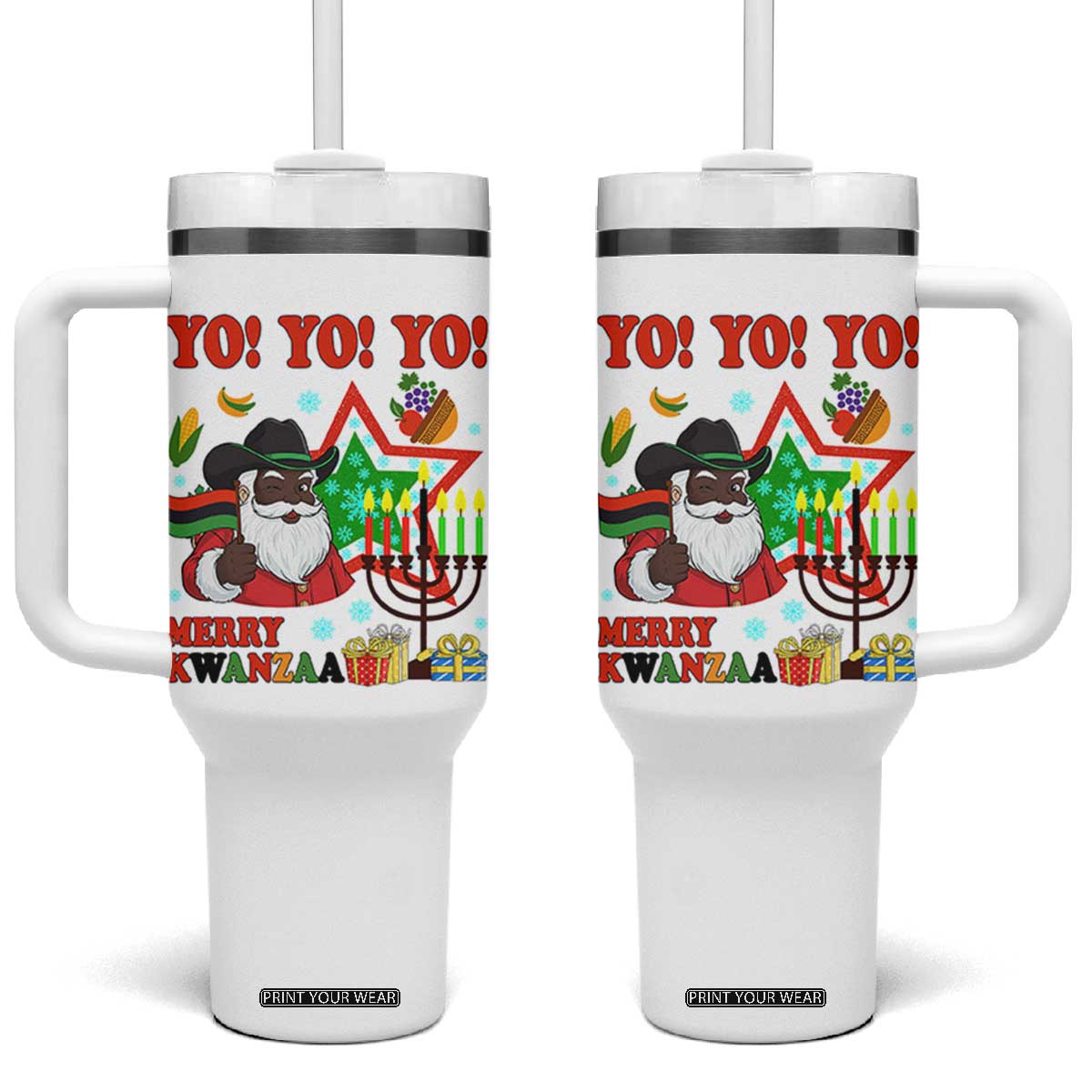 Merry Kwanzaa Black Santa Cowboy Tumbler With Handle African Heritage Celebration Gift TS12 One Size: 40 oz White Print Your Wear