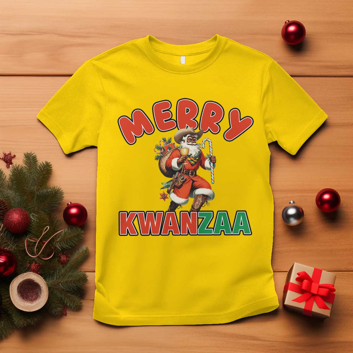 Merry Kwanzaa Cowboy Black Santa T Shirt African American Christmas Gift - Print Your Wear