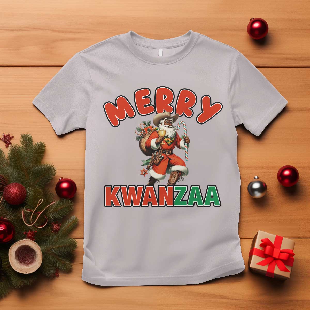 Merry Kwanzaa Cowboy Black Santa T Shirt African American Christmas Gift TS12 Ice Gray Print Your Wear