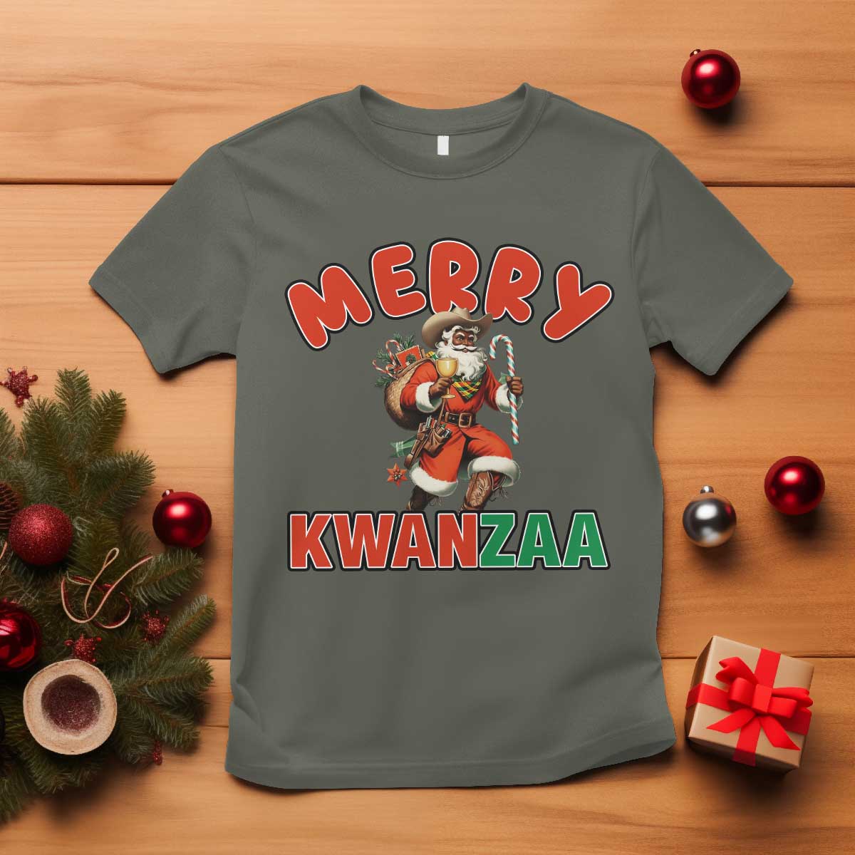 Merry Kwanzaa Cowboy Black Santa T Shirt African American Christmas Gift - Print Your Wear