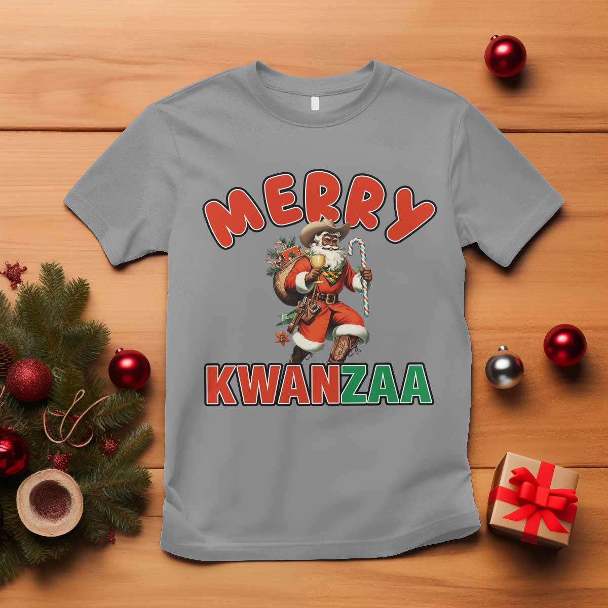 Merry Kwanzaa Cowboy Black Santa T Shirt African American Christmas Gift - Print Your Wear