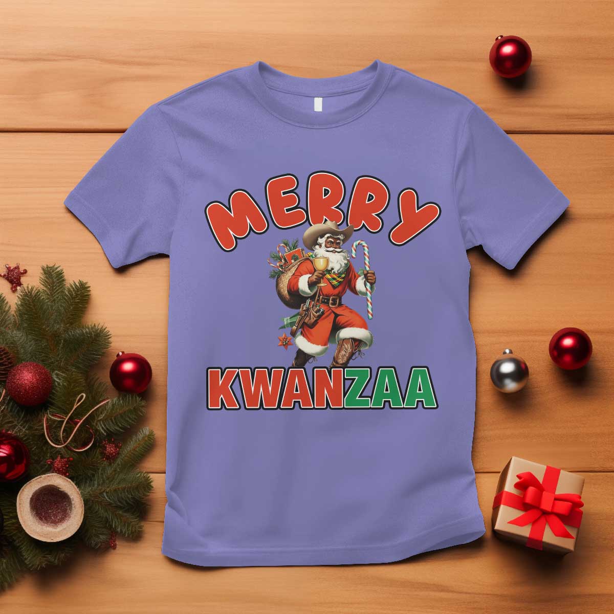 Merry Kwanzaa Cowboy Black Santa T Shirt African American Christmas Gift - Print Your Wear