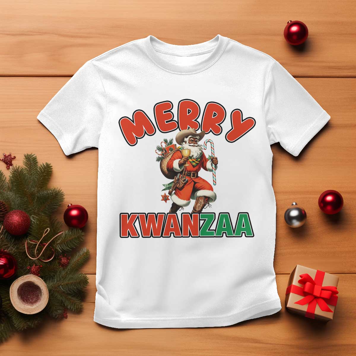 Merry Kwanzaa Cowboy Black Santa T Shirt African American Christmas Gift - Print Your Wear