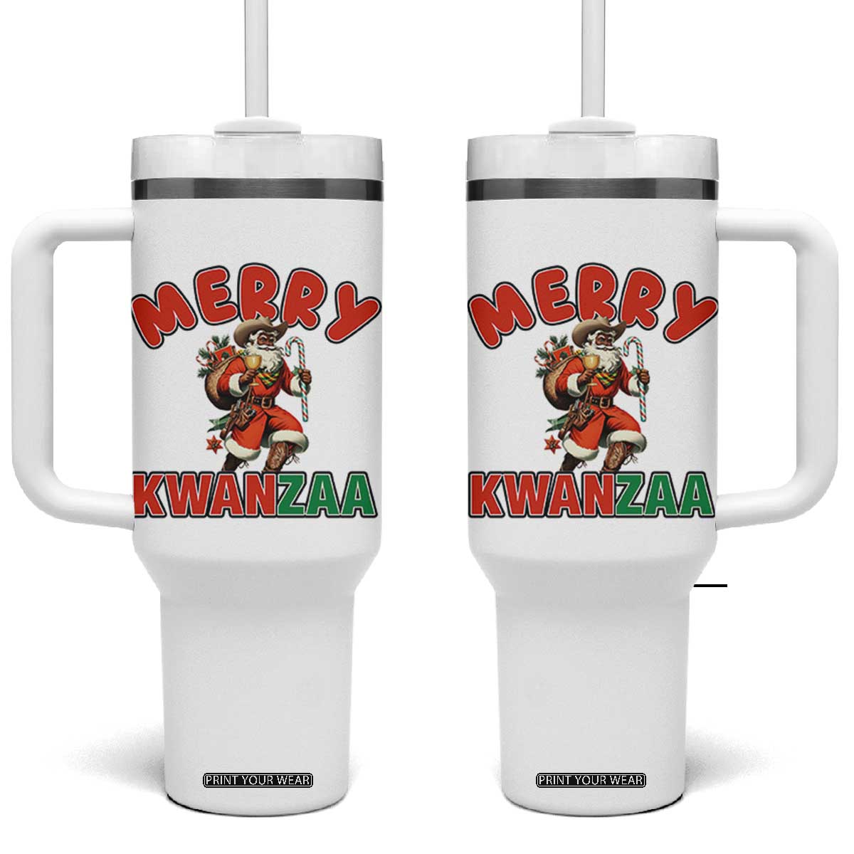 Merry Kwanzaa Cowboy Black Santa Tumbler With Handle African American Christmas Gift TS12 One Size: 40 oz White Print Your Wear