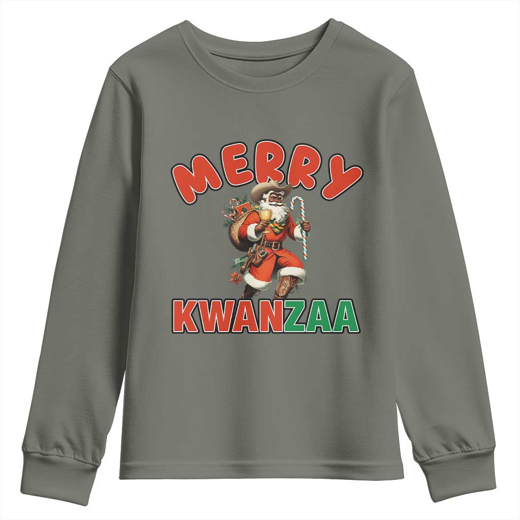 Merry Kwanzaa Cowboy Black Santa Youth Sweatshirt African American Christmas Gift TS12 Military Green Print Your Wear
