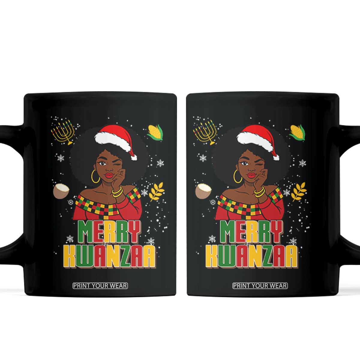 Merry Kwanzaa African American Girl Santa Hat Coffee Mug Christmas Gift TS12 Black Print Your Wear