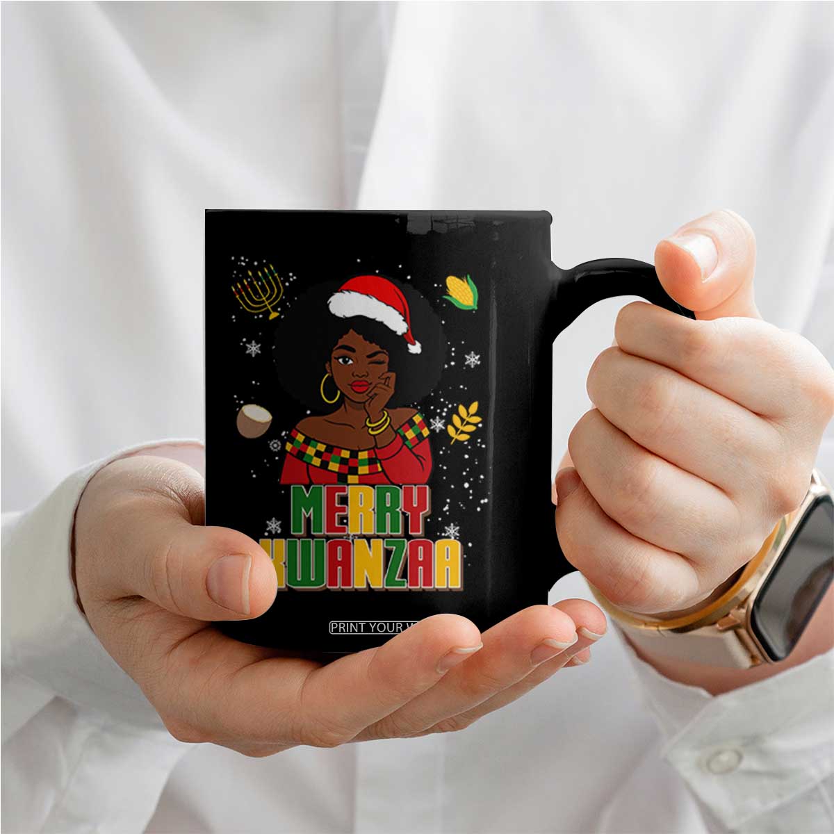 Merry Kwanzaa African American Girl Santa Hat Coffee Mug Christmas Gift TS12 Print Your Wear