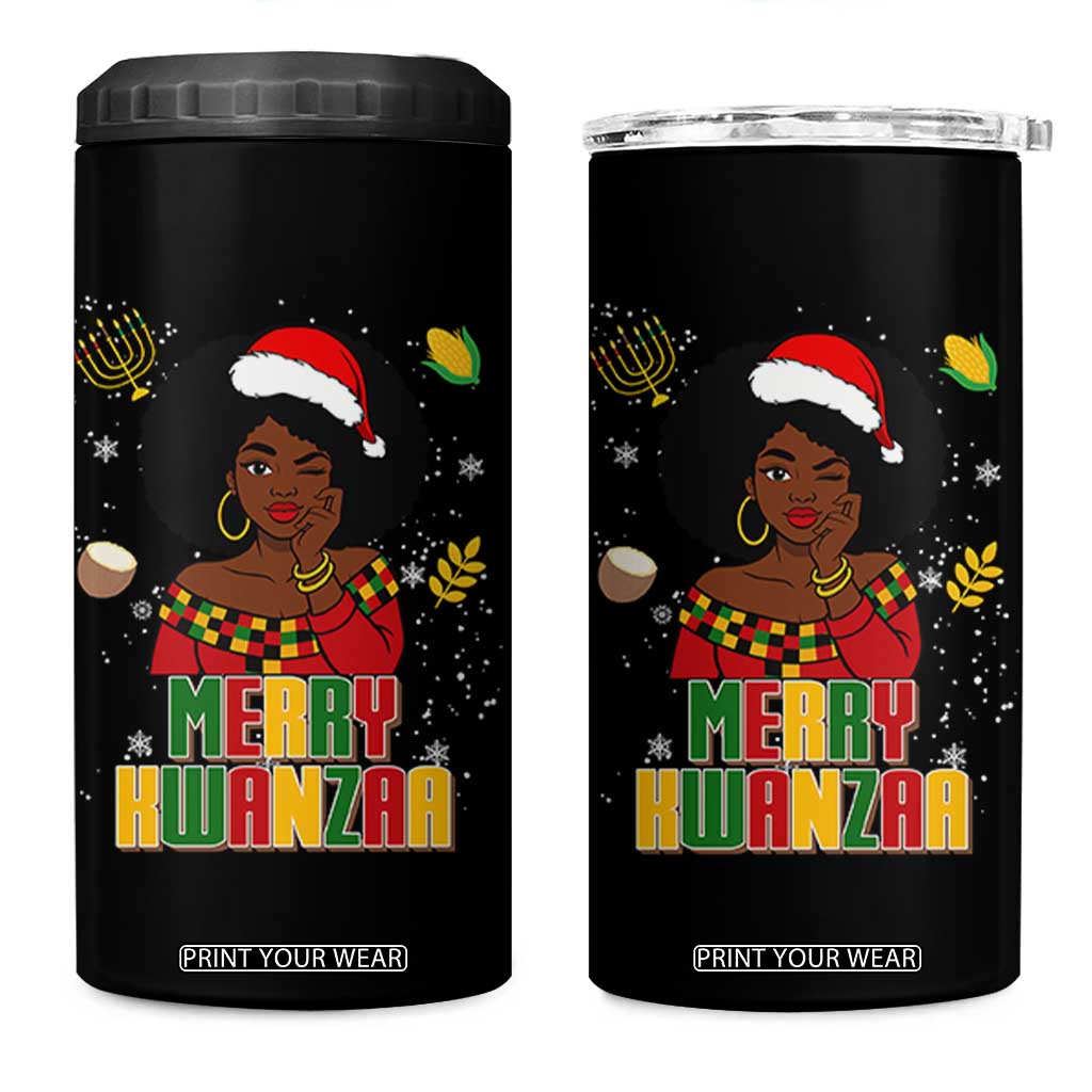 Merry Kwanzaa African American Girl Santa Hat 4 in 1 Can Cooler Tumbler Christmas Gift TS12 One Size: 16 oz Black Print Your Wear