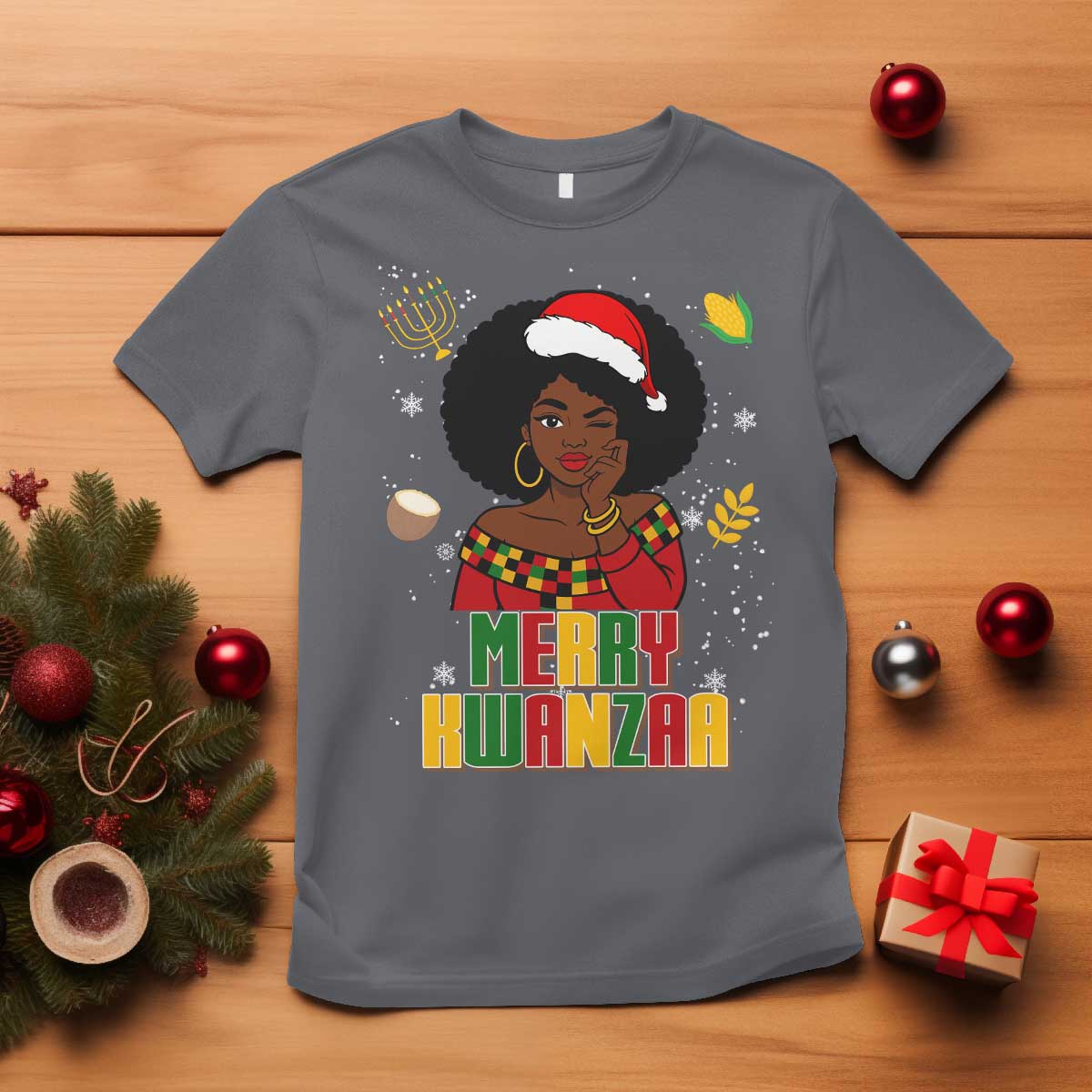 Merry Kwanzaa African American Girl Santa Hat T Shirt Christmas Gift TS12 Charcoal Print Your Wear