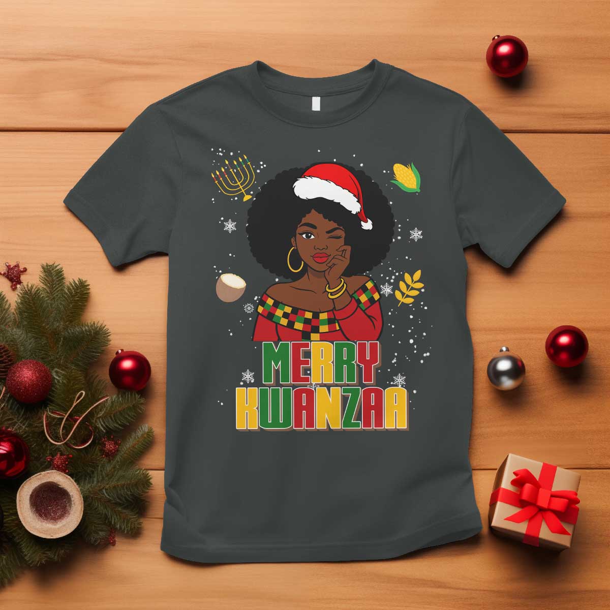 Merry Kwanzaa African American Girl Santa Hat T Shirt Christmas Gift TS12 Dark Heather Print Your Wear