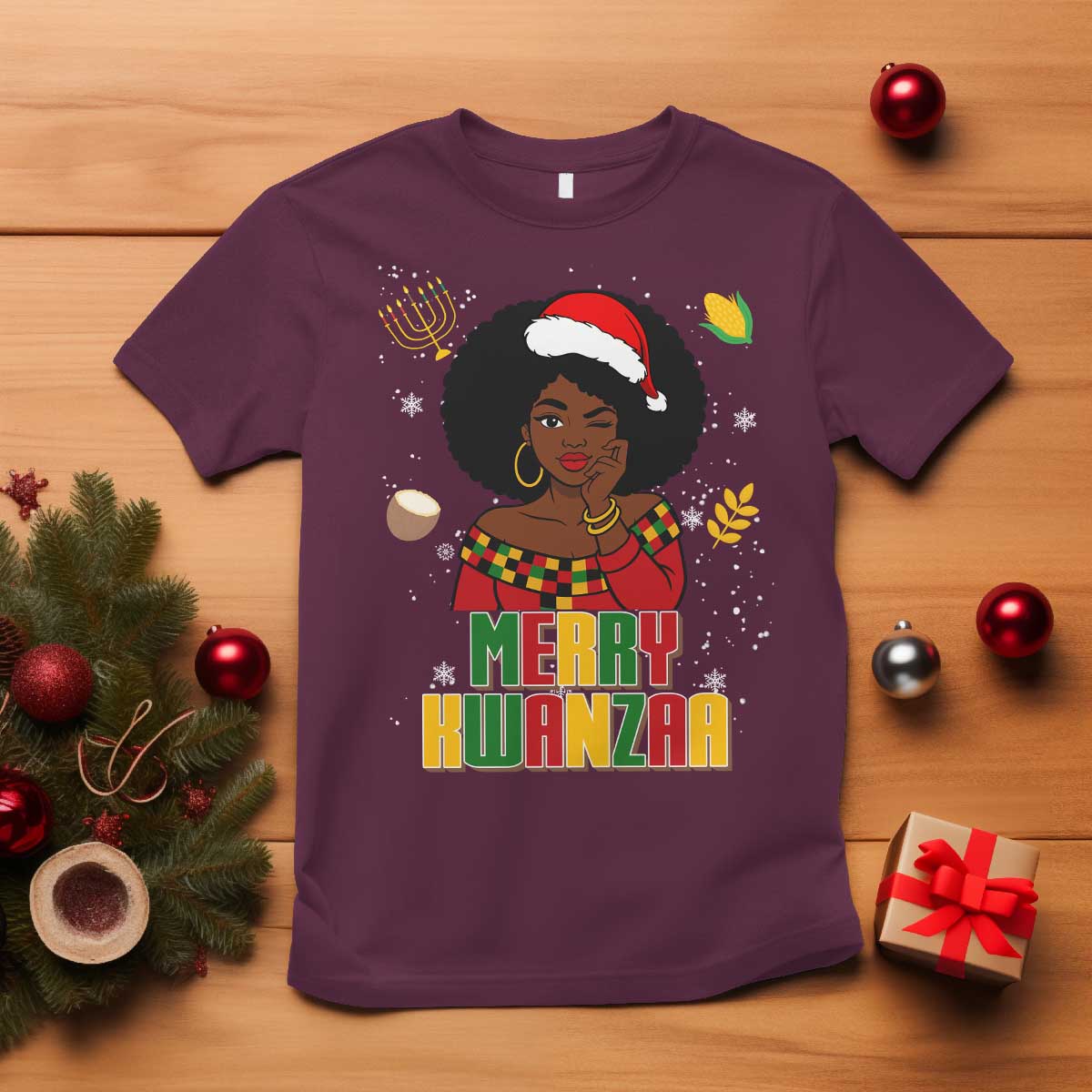 Merry Kwanzaa African American Girl Santa Hat T Shirt Christmas Gift TS12 Maroon Print Your Wear