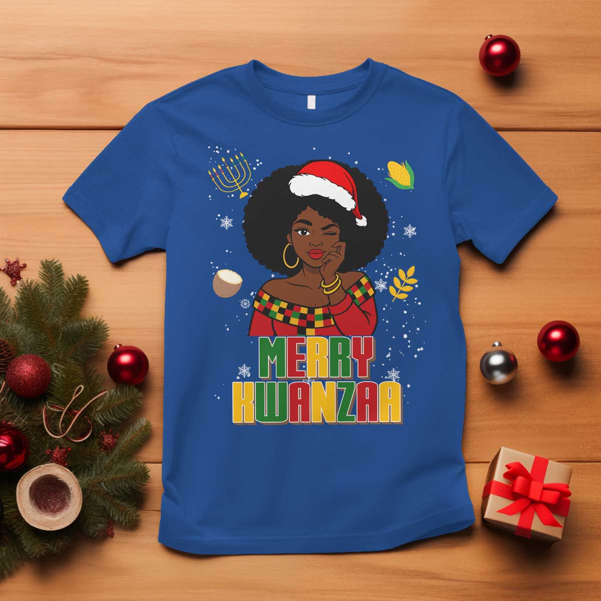 Merry Kwanzaa African American Girl Santa Hat T Shirt Christmas Gift TS12 Royal Blue Print Your Wear