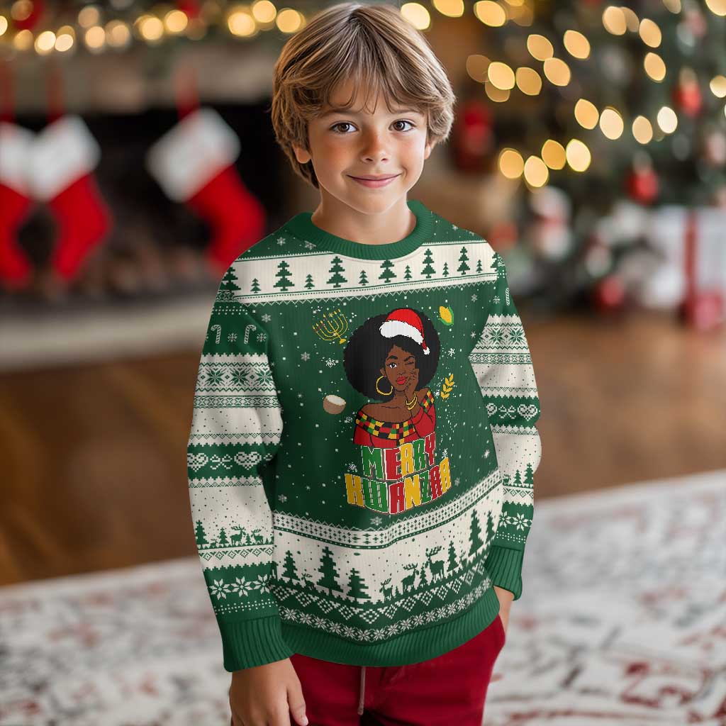 Merry Kwanzaa African American Girl Santa Hat Ugly Christmas Sweater Xmas Gift TS12 Forest Green Beige Print Your Wear
